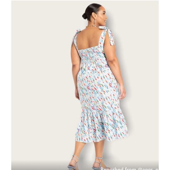 Eloquii Tie Shoulder Midi Dress Blue Multicolored Plus Size 18 Spring Summer New - Picture 2 of 8